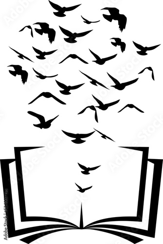 Book with flying up birds . Vector isolated decoration element from scattered silhouettes. Conceptual illustration of creative learning and motivation for communication.