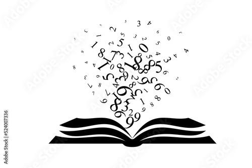 Book with flying up numbers . Vector decoration from scattered elements. Monochrome isolated silhouette. Conceptual illustration.