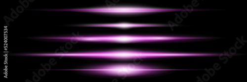 Purple horizontal lens flares pack. Glowing purple, pink light effects isolated on transparent background. Laser beams, light rays. Set of abstract lens flares, glowing stars and sparkles. Vector.