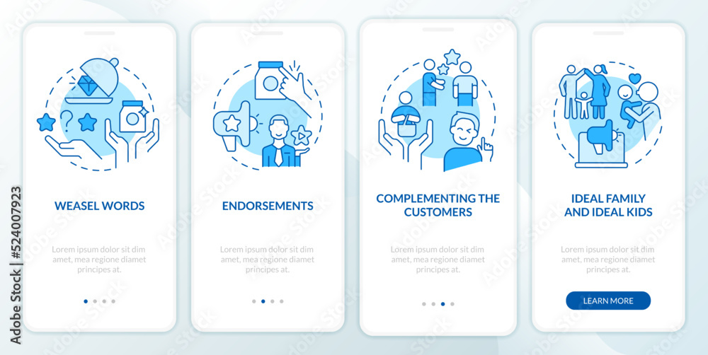 Advertisement campaign elements blue onboarding mobile app screen. Walkthrough 4 steps editable graphic instructions with linear concepts. UI, UX, GUI template. Myriad Pro-Bold, Regular fonts used