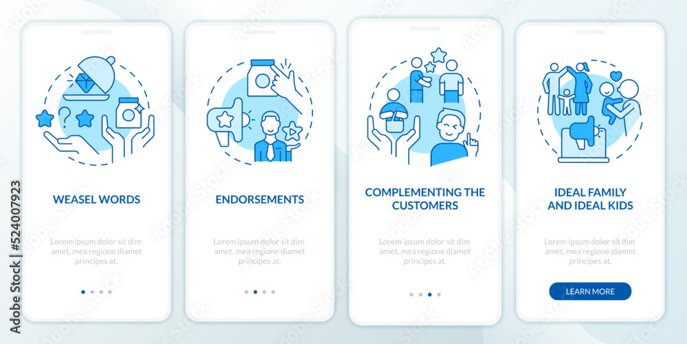 Advertisement campaign elements blue onboarding mobile app screen ...