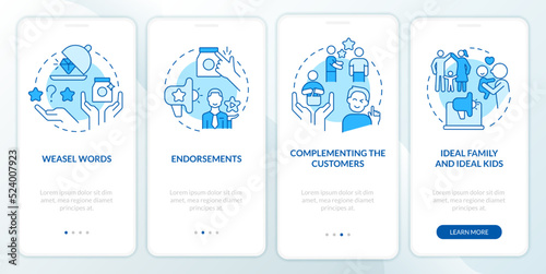 Advertisement campaign elements blue onboarding mobile app screen. Walkthrough 4 steps editable graphic instructions with linear concepts. UI, UX, GUI template. Myriad Pro-Bold, Regular fonts used