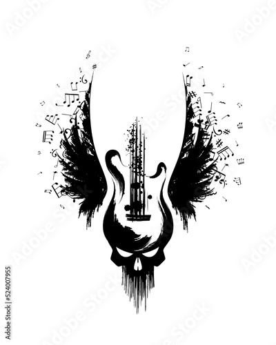 Rock guitar with skull and wings with music notes from ink splashes . Vector decoration element.