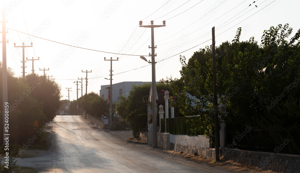 empty street background at sunrise, front view