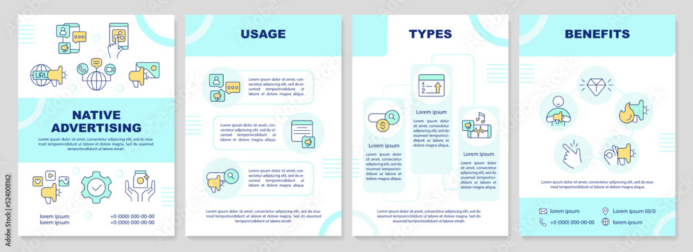 Native advertising cyan brochure template. Aesthetic ads. Leaflet design with linear icons. Editable 4 vector layouts for presentation, annual reports. Arial-Black, Myriad Pro-Regular fonts used