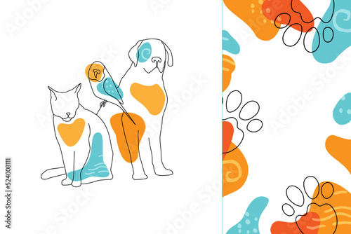 Dog, cat and parrot in modern minimalistic style. Vector trendy linear art. Veterinary or pet friendly conceptual illustration.