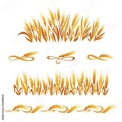 Wheat ears decorations. Cereal spikelets symbols isolated on white background. Design elements for bread packaging, beer label or organic grain products,