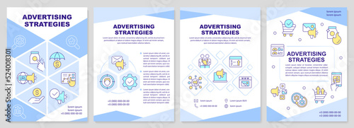 Advertising strategies blue brochure template. Marketing plans. Leaflet design with linear icons. Editable 4 vector layouts for presentation, annual reports. Arial-Black, Myriad Pro-Regular fonts used