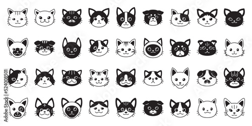 Different type of cartoon cat faces for design.