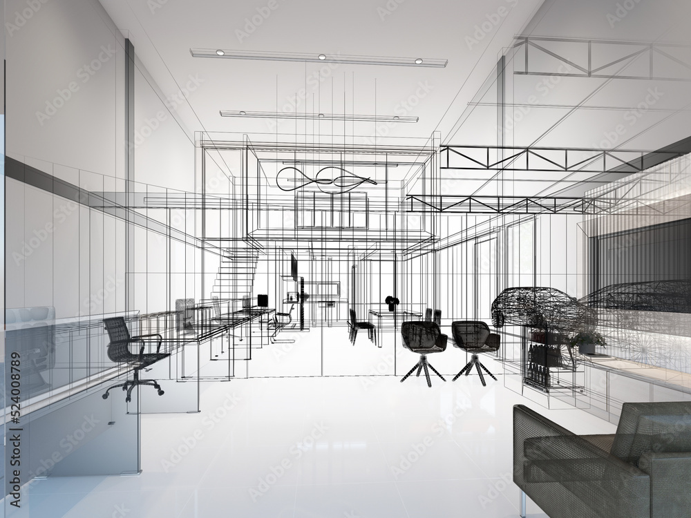 sketch design of interior office, 3d rendering sketch design of interior office, 3d rendering