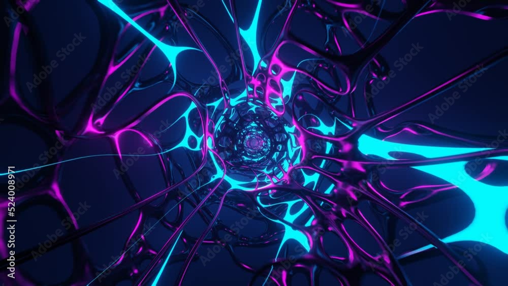 Abstract flight into the organic sci-fi tunnel with glowing blue orange light. 4K 3D endless loop anime comic cartoon style alien light tunnel. Seamless looped visual effect hi-tech title animation.