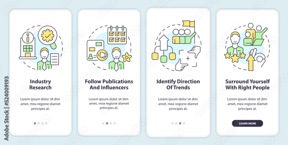 How to identify trends onboarding mobile app screen. Management walkthrough 4 steps editable graphic instructions with linear concepts. UI, UX, GUI template. Myriad Pro-Bold, Regular fonts used