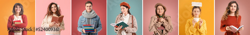Group of people in autumn clothes and with books on color background photo