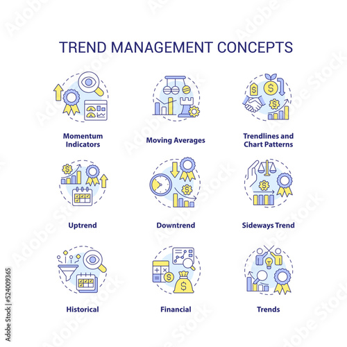 Trend management concept icons set. Tendencies analysing process. Business strategy idea thin line color illustrations. Isolated symbols. Editable stroke. Roboto-Medium, Myriad Pro-Bold fonts used © bsd studio