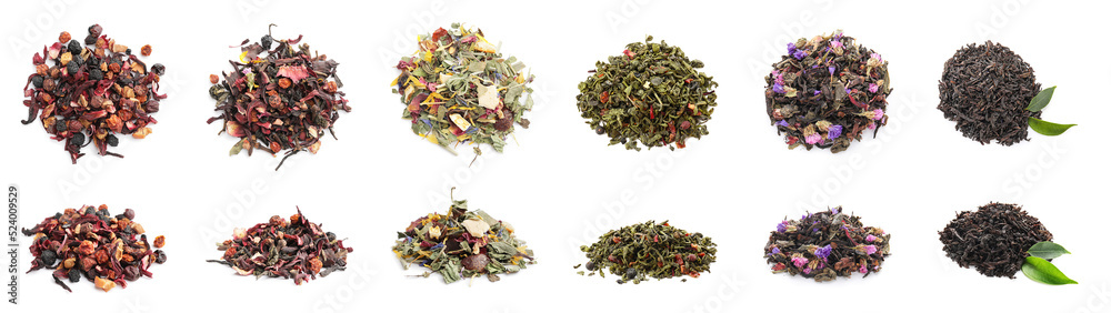 Fototapeta premium Different types of dry tea on white background