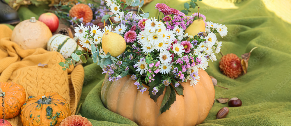 Beautiful bouquet of autumn flowers in pumpkin on warm plaid