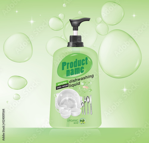 Dish wash soap ads. Realistic plastic dishwashing packaging with label design. Liquid wash soap with clean dishes and water splash. 3d vector illustration