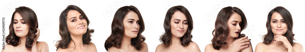 Set of beautiful young woman with stylish makeup on white background Set of beautiful young woman with stylish makeup on white background