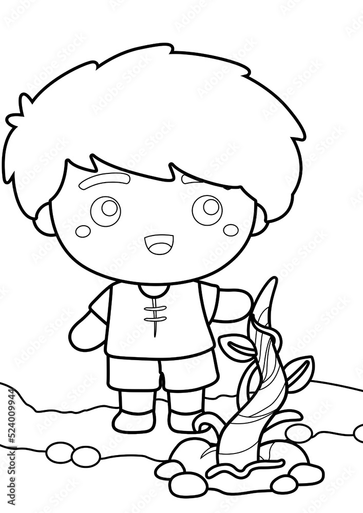 Jack and The Beanstalk Coloring Pages A4 for Kids and Ault Stock Vector
