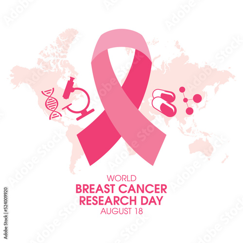 World Breast Cancer Research Day vector. Pink cancer awareness ribbon, science icons and world map silhouette vector isolated on a white background. August 18. Important day