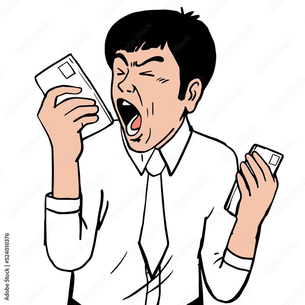Cartoon male employee Roy talking on the phone in anger and stress Cartoon male employee Roy talking on the phone in anger and stress