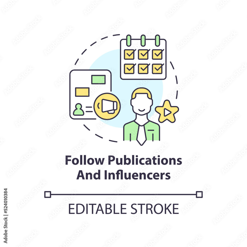 Follow publications and influencers concept icon. Way to identify trends abstract idea thin line illustration. Isolated outline drawing. Editable stroke. Arial, Myriad Pro-Bold fonts used Follow publications and influencers concept icon. Way to identify trends abstract idea thin line illustration. Isolated outline drawing. Editable stroke. Arial, Myriad Pro-Bold fonts used