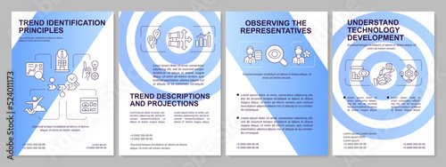 Trend identification blue brochure template. Market research. Leaflet design with linear icons. Editable 4 vector layouts for presentation, annual reports. Arial, Myriad Pro-Regular fonts used
