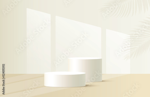 Abstract 3D white cylinder pedestal podium with beige minimal wall scene and shadow. Modern vector rendering geometric platform for product display presentation.