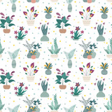 Trendy vector prints plants in flat style. home plants, seamless pattern.