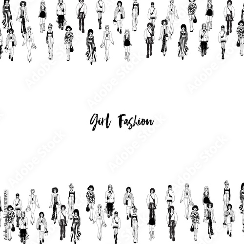 Women in trendy clothes. Fashion vector border.
