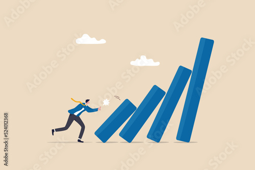 Small tiny habits to change or increase productivity, efficiency or improvement, easy way to win business success or make a big impact concept, businessman pushing tiny domino to make bigger one fall.