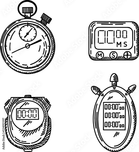 Set stopwatch sketched isolated. Timer in hand drawn style.