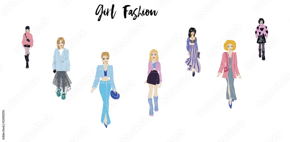 Collection of stylish young women dressed in trendy clothes. Vector fashion illustration. Collection of stylish young women dressed in trendy clothes. Vector fashion illustration.