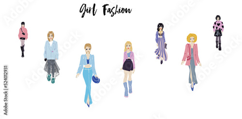 Collection of stylish young women dressed in trendy clothes. Vector fashion illustration.