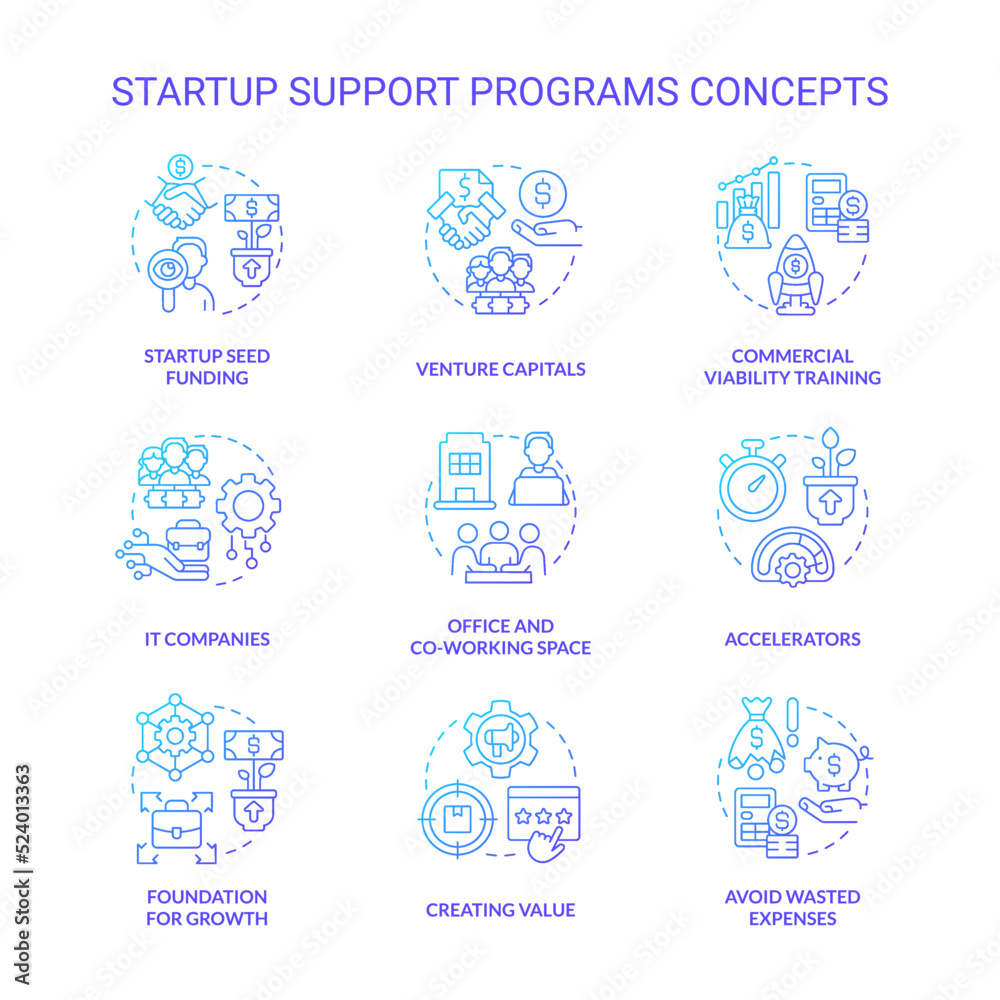 Startup support programs blue gradient concept icons set. Funding small business idea thin line color illustrations. IT companies. Isolated symbols. Roboto-Medium, Myriad Pro-Bold fonts use Startup support programs blue gradient concept icons set. Funding small business idea thin line color illustrations. IT companies. Isolated symbols. Roboto-Medium, Myriad Pro-Bold fonts use