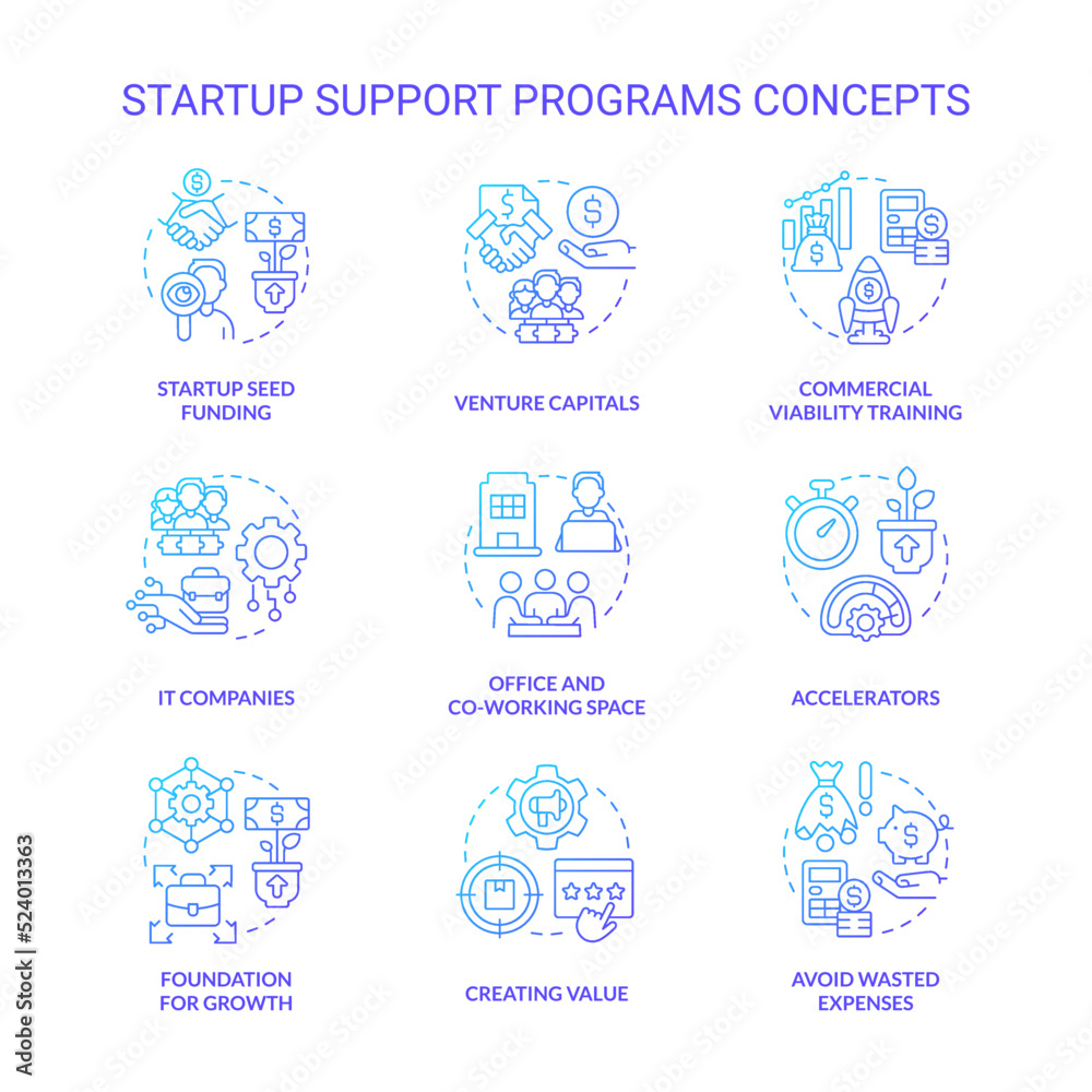 Startup support programs blue gradient concept icons set. Funding small business idea thin line color illustrations. IT companies. Isolated symbols. Roboto-Medium, Myriad Pro-Bold fonts use