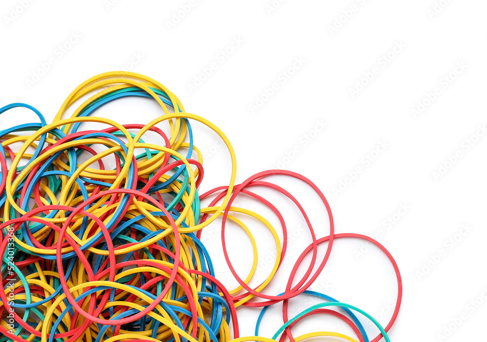 Many rubber bands on white background Many rubber bands on white background