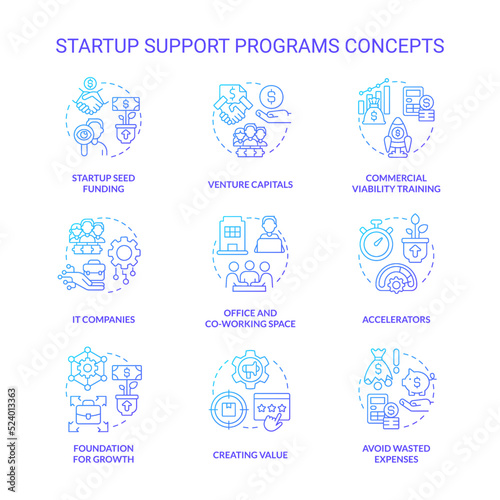 Startup support programs blue gradient concept icons set. Funding small business idea thin line color illustrations. IT companies. Isolated symbols. Roboto-Medium, Myriad Pro-Bold fonts use