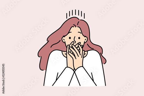 Woman shut mouth frustrated with fear or shock. Stunned female surprised by unbelievable news. Vector illustration. 