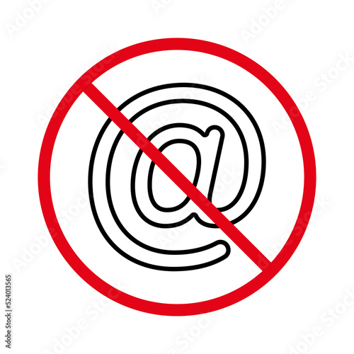 Caution No Allowed E-mail Spamming. Prohibited At Sign. Ban Email Spam Black Line Icon. Mail Address Red Stop Outline Symbol. Forbidden Mailing Text Pictogram. Isolated Vector Illustration