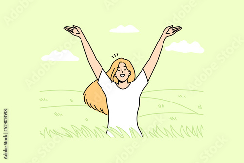 Overjoyed young woman in field feeling joyful and optimistic. Smiling girl relax in summer meadow enjoy mental health and optimism. Vector illustration. 