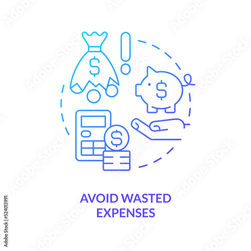 Avoid wasted expenses blue gradient concept icon. Startup consulting sphere abstract idea thin line illustration. Preventing wasteful spending. Isolated outline drawing. Myriad Pro-Bold font used