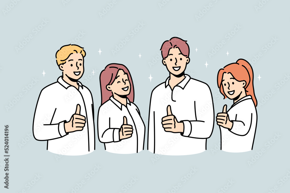 Smiling people showing thumbs up give recommendation to service. Happy team recommend good quality course or work. Employment concept. Vector illustration. Smiling people showing thumbs up give recommendation to service. Happy team recommend good quality course or work. Employment concept. Vector illustration.