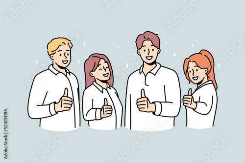 Smiling people showing thumbs up give recommendation to service. Happy team recommend good quality course or work. Employment concept. Vector illustration. 