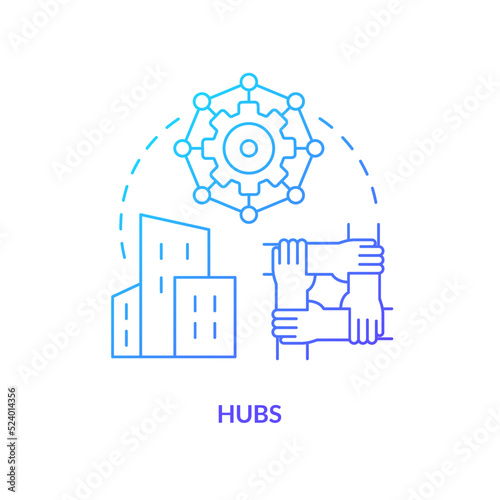 Hubs blue gradient concept icon. Kind of new business support abstract idea thin line illustration. Entrepreneur collaboration. Exchanging ideas. Isolated outline drawing. Myriad Pro-Bold font used