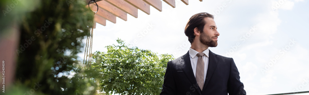 Side view of elegant groom looking away on terrace outdoors, banner. Side view of elegant groom looking away on terrace outdoors, banner.