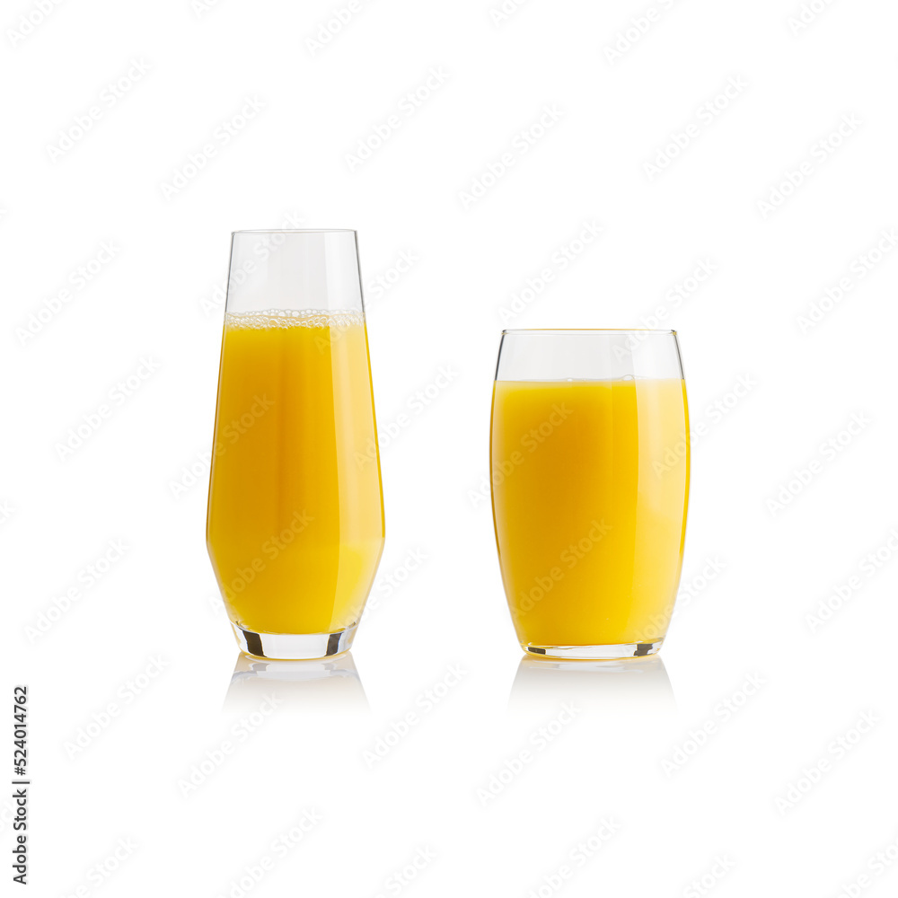 Collection of orange juice in different glasses . eparate clipping paths for each glass. Set of