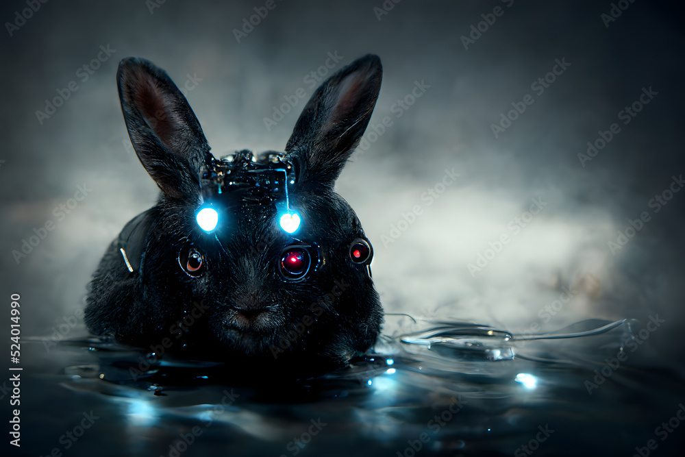 black water rabbit in fancy dark cyberpunk style neural network ai
