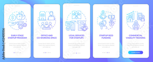 Startup funding sources blue gradient onboarding mobile app screen. Walkthrough 5 steps graphic instructions with linear concepts. UI  UX  GUI template. Myriad Pro-Bold  Regular fonts used