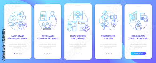 Startup funding sources blue gradient onboarding mobile app screen. Walkthrough 5 steps graphic instructions with linear concepts. UI, UX, GUI template. Myriad Pro-Bold, Regular fonts used